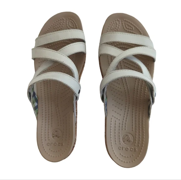 Crocs Open Toe Cork Wedge Strappy Slide Sandal 8 Creamy Beige Tan - Picture 8 of 16
